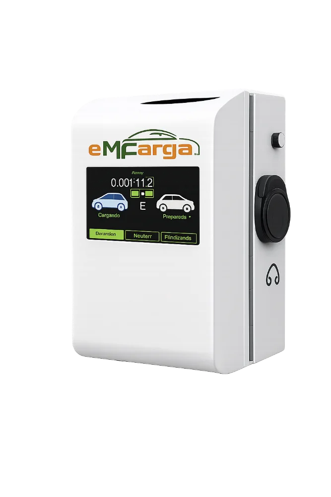 Estación de recarga EMCARGA S monofásica 7,4 kW con pantalla integrada y conector lateral tipo 2, presentada como producto aislado sin fondo
