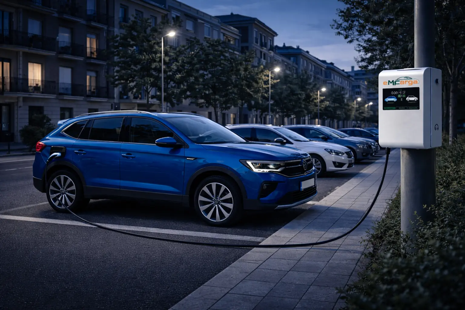 SUV eléctrico azul cargando en calle residencial pública al anochecer con varios vehículos estacionados y cargador EMCARGA S integrado en farola urbana con conector lateral tipo 2