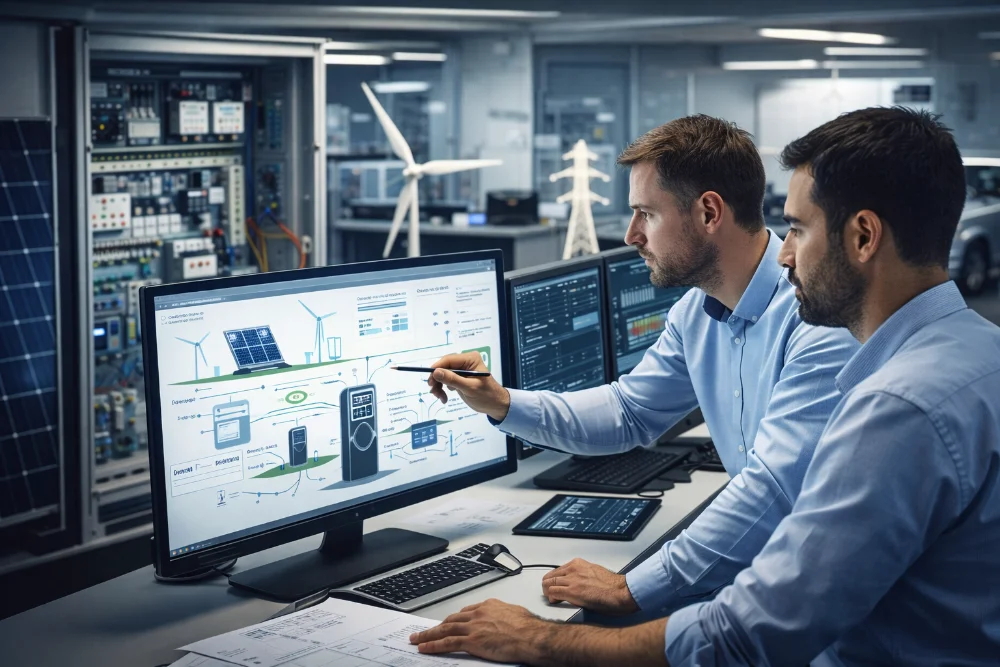 Ingenieros trabajando en el desarrollo tecnológico e integración de sistemas energéticos con soluciones de carga eléctrica y energía renovable